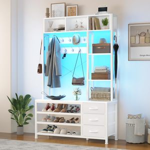 SENYU Modern White Entryway Hall Tree <b>Coat</b> <b>Rack</b> with 6 Hooks 5 Shelves <b>Shoe</b> Storage Cabinet Multifunctional Furniture - Product Image 1