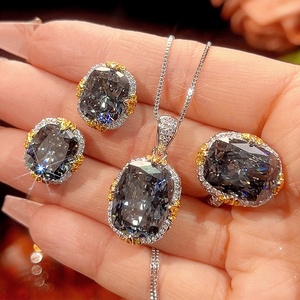 Parure de bijoux de mariée délicate et écologique en cuivre, avec pendentif et boucles d'oreilles en zircon noir-gris motif nid d'oiseau 12*16mm, pour mariage - Product Image 2