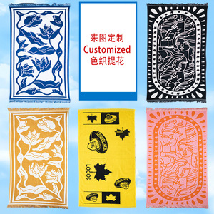 ผ้าขนหนูชายหาดผ้าฝ้ายแจ็คการ์ดย้อมสีแบบกำหนดเอง ผ้าฝ้ายแท้ พู่ห้อยรูปทรงสี่เหลี่ยมผืนผ้า ลายดอกไม้ สำหรับใช้บนชายหาด - Product Image 1