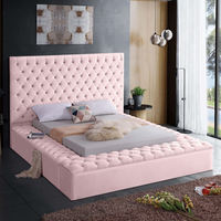Lit Luxe Léger Design Européen pour Chambre avec Tête de Lit en Velours Rose, Cadre en Bois, Taille Queen King et Rangement