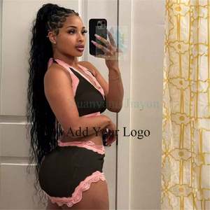 Кружевной лоскутный эластичный Топ контрастных цветов с V-образным вырезом и облегающая юбка с высокой талией - Product Image 4