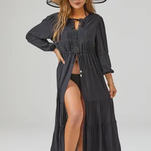 2022 Best Selling Summer Dress Women Swimsuit Cover Up Ruffle V-neck Short Sleeve Elegant Big Size Tunic Long Pareos