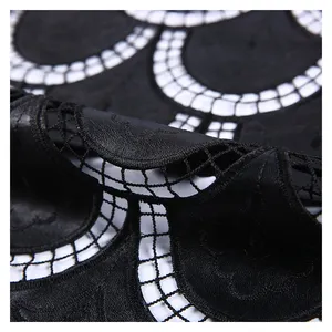 Popular polyester black pu laminated garment chemical lace embroidery fabric