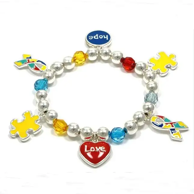love hope engraved custom bracelet charm silver beads stretch puzzle autism awareness jewelry bracelet