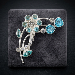 925 Art Palace Vintage <b>Silver</b> Flower Shape Women's Brooch with Blue Topaz & CZ Gemstones Precious Fine Jewelry - Product Image 1