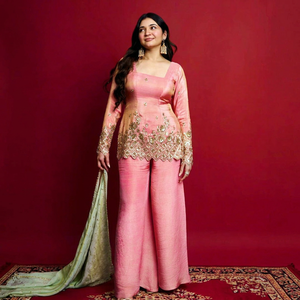Conjunto de traje Salwar Kameez bordado rosa para mujer, traje étnico de seda, ropa para fiesta de boda - Product Image 1