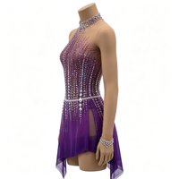 Robe de patinage artistique violette sans manches à col halter, entièrement ornée de strass, dos ouvert, jupe asymétrique pour filles et enfants, compétition