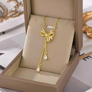 Bow Pendant <b>Titanium</b> Steel <b>Necklace</b> Gold Color Zircon Clavicle Chain For Women Gift Fashion Jewelry - Product Image 1