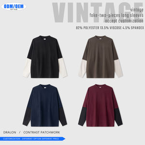 T-shirt vintage à manches longues pour homme, style streetwear, effet deux-pièces, en fibre Dralon, patchwork contrastant, design uni - Product Image 2