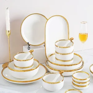 Plato de borde dorado de porcelana blanca nórdica, juegos de platos con borde dorado de lujo, <span class=keywords><strong>vajilla</strong></span> de cerámica para Cena - Product Image 2