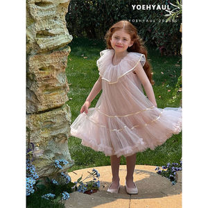 YOEHYAUL 25085, vestido de tul para niñas, vestido de princesa para niños, sin mangas, cuello con volantes, vestido de tul Rosa dulce de varias capas - Product Image 2
