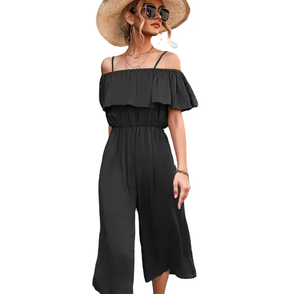 Wide Pants New Product One-shoulder loose casual suspender jumpsuit Polyester OEM Service Woven Simple Pencil Women Summer