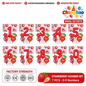 Set de 7 Globos de Número con Diseño de Fresa y Puntos, con Empaque de Cartulina, para Decoración de Fiestas Infantiles - Product Image 1
