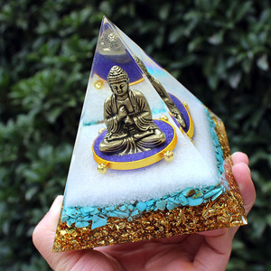 Crystal Chip Pyramid Resin Epoxy Buddha <b>Statue</b> Desktop Ornament Handmade Home Decoration Turquoise Gold Inlay - Product Image 1