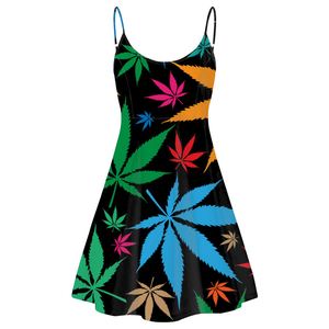 Robe moulante sexy en jersey imprimé feuilles de chanvre jaune vert tendance pour femmes, robe dos nu à bretelles, livraison directe - Product Image 4