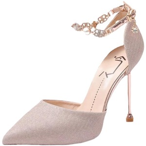Zapatos de tacón alto de aguja con punta, destalonados, con correa de cadena y tela brillante para <span class=keywords><strong>mujer</strong></span>, ideales para fiestas y bodas, personalizables al por mayor. - Product Image 5