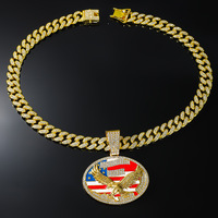 Pendentif ovale Aigle Drapeau USA plaqué or avec zircons, style Hip-Hop, en alliage, avec chaîne cubaine