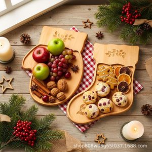Plateau de Noël en bois massif, plateau décoratif pour desserts et fruits de fête, couleur naturelle, forme irrégulière - Product Image 2