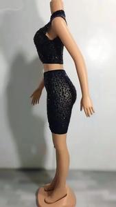 Mini jupe d'été sans manches à paillettes Rhinestone Crop <span class=keywords><strong>Top</strong></span> Sexy Party Dress Sets for Women Black Printing Spandex Polyester - Product Image 2