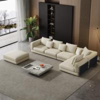 Canapé-lit carré trois places en cuir véritable italien, beige, minimaliste, haut de gamme, dossier bas, confortable, avec surpiqûres apparentes, pour la maison