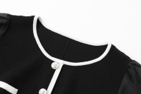 Blusa Elegante de Tweed para Mujer, Tejido de Malla Transparente, Manga Larga Abullonada, Cuello Redondo, Ribete Blanco en Contraste, Botones de Perla, Cintura Ajustada con Cinturón, Estilo Peplum