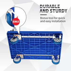 Carrinho de plástico portátil dobrável de alta qualidade, carrinho popular multifuncional com roda de PVC de 4 polegadas, tubo quadrado de 250kg, 72x48cm