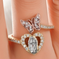Bague Vierge de Guadalupe en laiton tricolore avec zircon, motif cœur et papillon, Vierge Marie