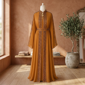 Abaya Negra Bordada de Poliéster Transpirable, Corte Regular, Manga Larga, Largo hasta el Suelo, Cuello en V, Elegante, Estilo Indio/Pakistaní, para Uso Diario - Product Image 3
