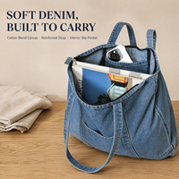 Tas Tote Denim Ringan dengan Logo Custom, Kanvas, Selempang, Kasual untuk Mahasiswa, Kapasitas Besar, Grosir, Pabrik OEM