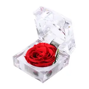 Rosa eterna de flor fresca preservada con caja de anillo de cristal acrílico, regalos para mujeres