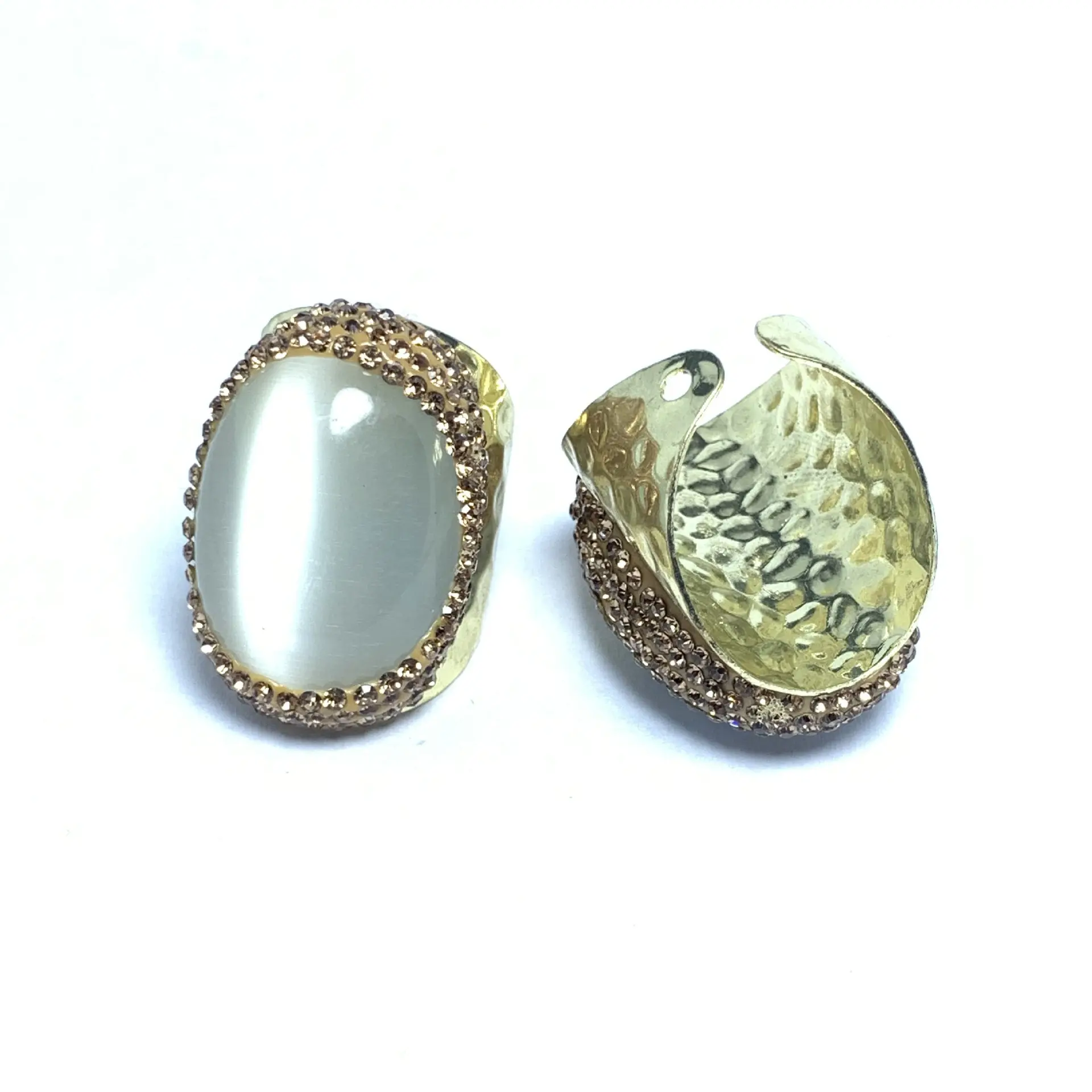 A172 egg shaped gold diamond pave ring hot gemstone cat eye stone gemstone ring open adjustable size