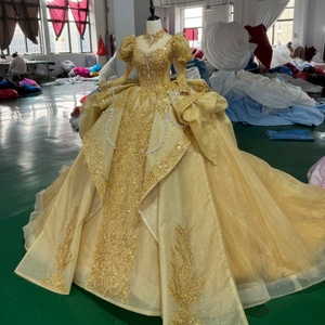 XS270 Vestido de Quinceañera Moderno Dorado con Mangas Largas, Cuello Alto y Perlas, Vestidos de Novia Estilo Imperio para Fiesta - Product Image 2