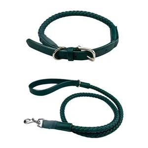Colored Adjustable Woven Round Rope Leather PU Walking Training Running Hiking Dog Collar Leash Set Pet Supplies
