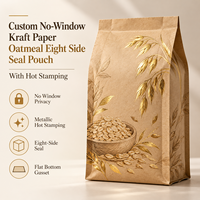 Sachet personnalisé en papier kraft sans fenêtre, scellé sur huit côtés, pour flocons d'avoine, avec marquage à chaud, pour la vente au détail et en gros