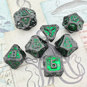 Ensemble <span class=keywords><strong>de</strong></span> dés polyédriques en alliage <span class=keywords><strong>de</strong></span> zinc massif, peints à la main, style cyberpunk, émail vert, pour jeux <span class=keywords><strong>de</strong></span> rô<span class=keywords><strong>le</strong></span> (Dungeons & Dragons) - Product Image 4