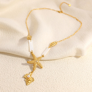 Stainless Steel Necklace Ocean Theme Seashell Starfish <b>Design</b> Pearl Inlay 18k Gold Plated For Vacation - Product Image 3