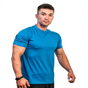 Camiseta de Manga Corta para Hombre, Color Azul Sólido, Corte Ajustado, Cuello Redondo, Estilo Casual, Tejido de Jersey de Algodón Transpirable - Product Image 1