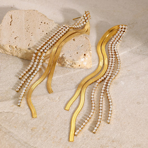 Elegant Tassel Drop Earrings Gold Rhinestone Channel Setting Party Jewelry <b>Titanium</b> Steel <b>Studs</b> Long Fringe Fashion Earrings - Product Image 2