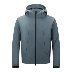 Veste Softshell Minimaliste <span class=keywords><strong>Gris</strong></span> Clair à Capuche, Manteau Urbain Extérieur avec Capuche à Cordon Élastique pour Hommes et Femmes, Logo Personnalisé Vente en Gros - Product Image 4