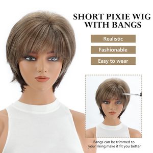Parrucche Corte HD in Sette Colori con Frangia, Marrone Scuro Misto Biondo per Donne, Fibra Sintetica Liscia Senza Pizzo, Personalizzabile - Product Image 4