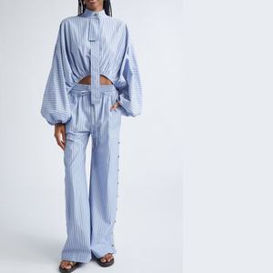 Nouveautés Vente en Gros Ensemble Deux Pièces Printemps Chemise Rayée et Pantalon Taille Haute pour Femme en Coton et Lin OOTD - Product Image 1