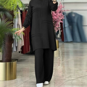 Elegant Muslim <strong>Women's</strong> Solid Wool Tunic Pants Set Long Sleeve Top Side Slit Hem Loose Fit <strong>Trousers</strong> Modest Casual Suit <strong>Work</strong> Party - Product Image 4