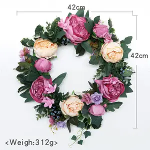 2024 Family Wedding Out Door Decoration Wreath Spring Wreath for Front Door Felt Pink Peony Hoop Marigold Garland