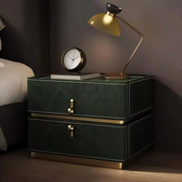 Table de chevet moderne en bois massif avec 2 tiroirs, style minimaliste de luxe, avec poignée dorée, revêtement en cuir, rangement et organisation