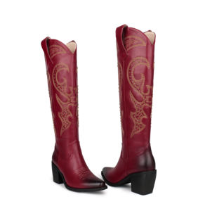 WETKISS <span class=keywords><strong>2023</strong></span> nouveaux styles bottes de cow-girl rouge occidental cloutées à la mode bottes longues au genou bottes de cow-boy Texas avec broderie - Product Image 4