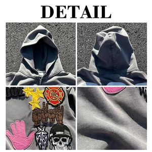 เสื้อฮู้ดสตรีทแวร์แบบสั่งทำพิเศษ ผ้าฝ้าย 100% เฟรนช์เทอร์รี่ ล้างสีแบบแอซิดวอช ปักลายปะติด ฮู้ดซิปแบบหนา - Product Image 4