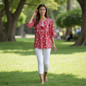 Venta al por mayor viscosa rojo túnica Casual mujer Kurti elegante manga larga túnica Top para damas elegante Ropa Étnica - Product Image 3