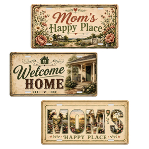 Letrero Metálico Estilo Placa de Matrícula Vintage para Granja, Decoración de Pared Floral para Cabaña, 'Lugar Feliz de Mamá', 'Bienvenido a Casa' - Product Image 1