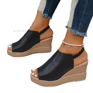 Sandalias de cuña para mujer al por mayor, estilo europeo y americano, con boca de pez grande, nuevas sandalias romanas de verano con suela gruesa - Product Image 5