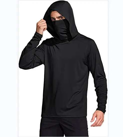 Men's Blank Long Sleeve Workout Shirts Hoodie with Mask, UPF 50+ Lightweight Quick Dry Sports Outdoor Fishing T Shirts